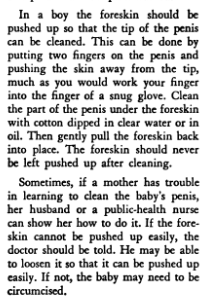 Scanned 'Genital Organs' page from the 1945 edition of Infant Care (U.S. Children's Bureau, Publication No. 8), instructing parents to push back an infant's foreskin, clean under it with cotton, and pull it back into place.
